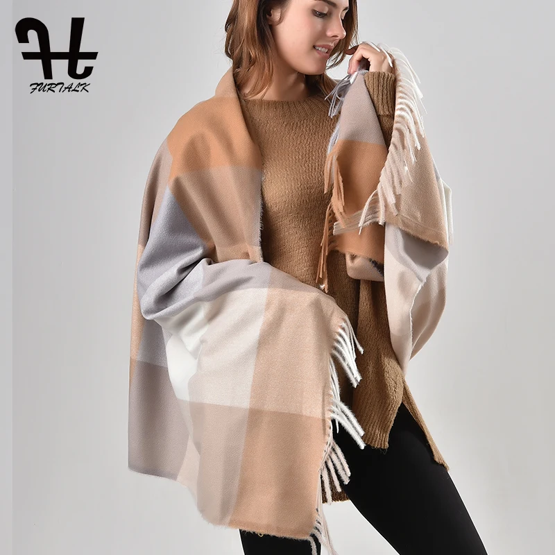 FURTALK viscose plaid scarf winter for women luxury brand poncho...