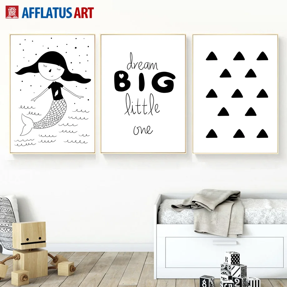 

Cartoon Mermaid Dream Quotes Black White Wall Art Canvas Painting Nordic Posters And Prints Wall Pictures Kids Room Baby Decor