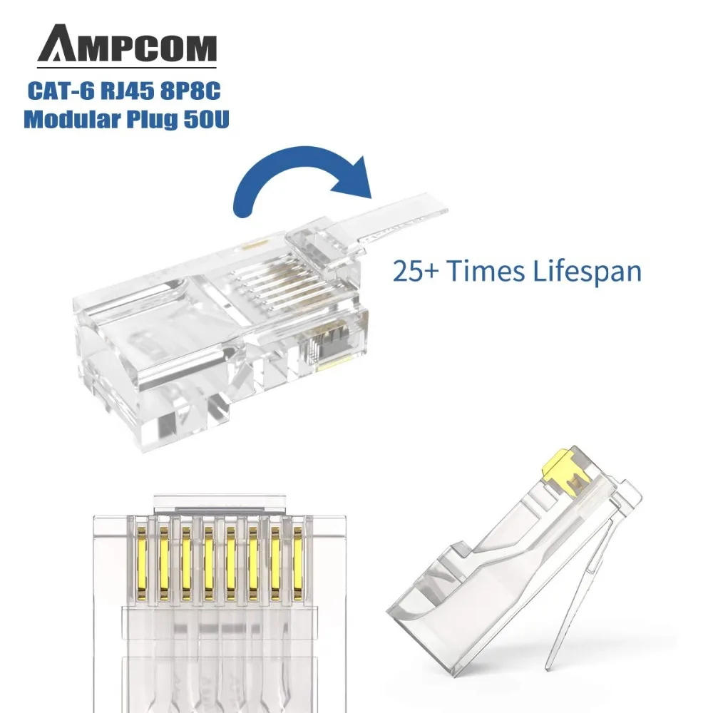 AMPCOM RJ45 модульный разъем UTP 50U позолоченный 8P8C обжимной Конец для кабеля Ethernet