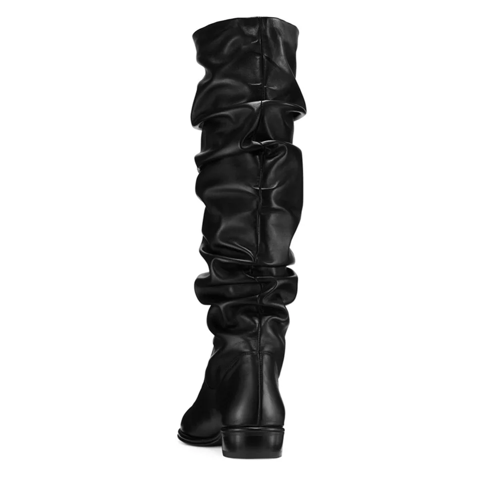 black flat slouch knee high boots
