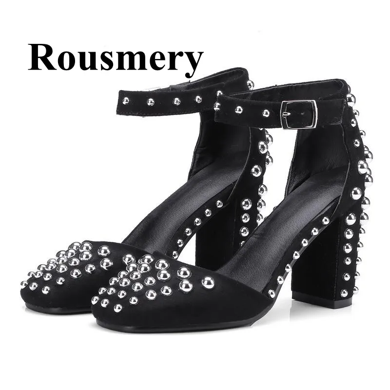 

Newest Flock Rivet Fashion Buckle Strap Square Toe Chunky Heel Spring And Summer Cover Heel Sexy Women Pumps High Quality