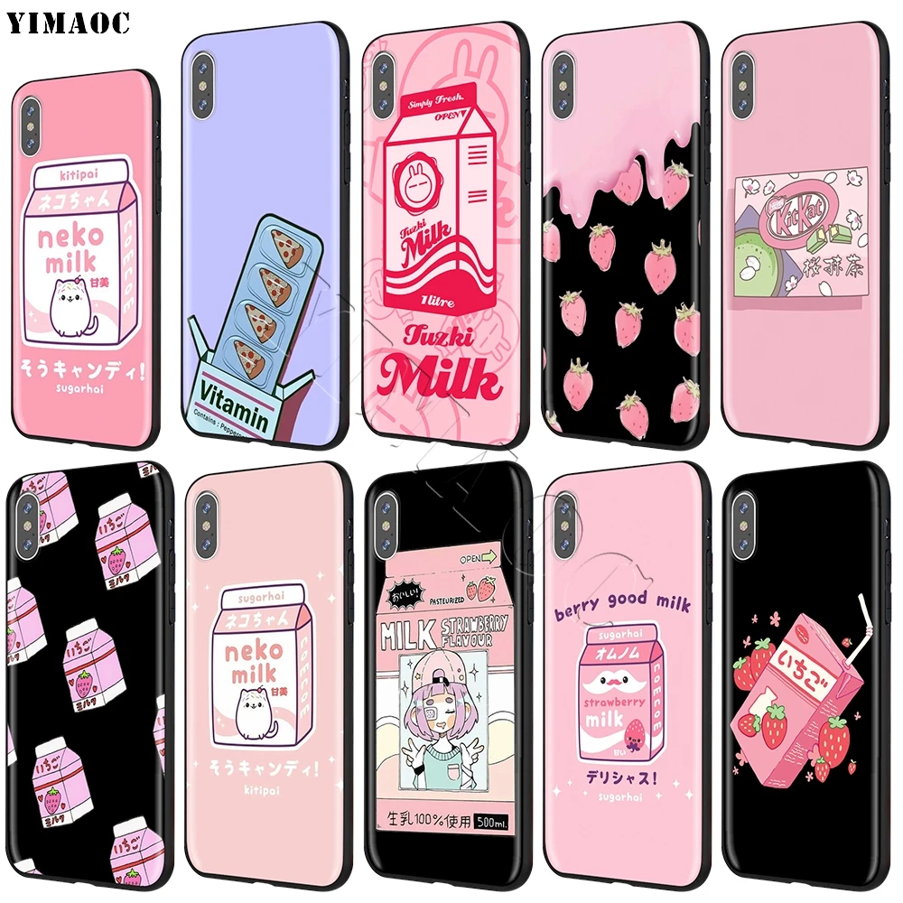 

YIMAOC Kawaii Japanese Strawberry Milk Soft Silicone Case for iPhone 11 Pro XS Max XR X 8 7 6 6S Plus 5 5s se