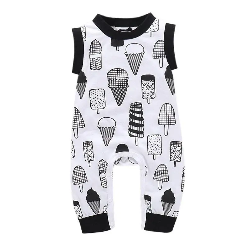 

0-24M Baby Boys Summer Sleeveless O-Neck Elastic Ice Cream Print Romper