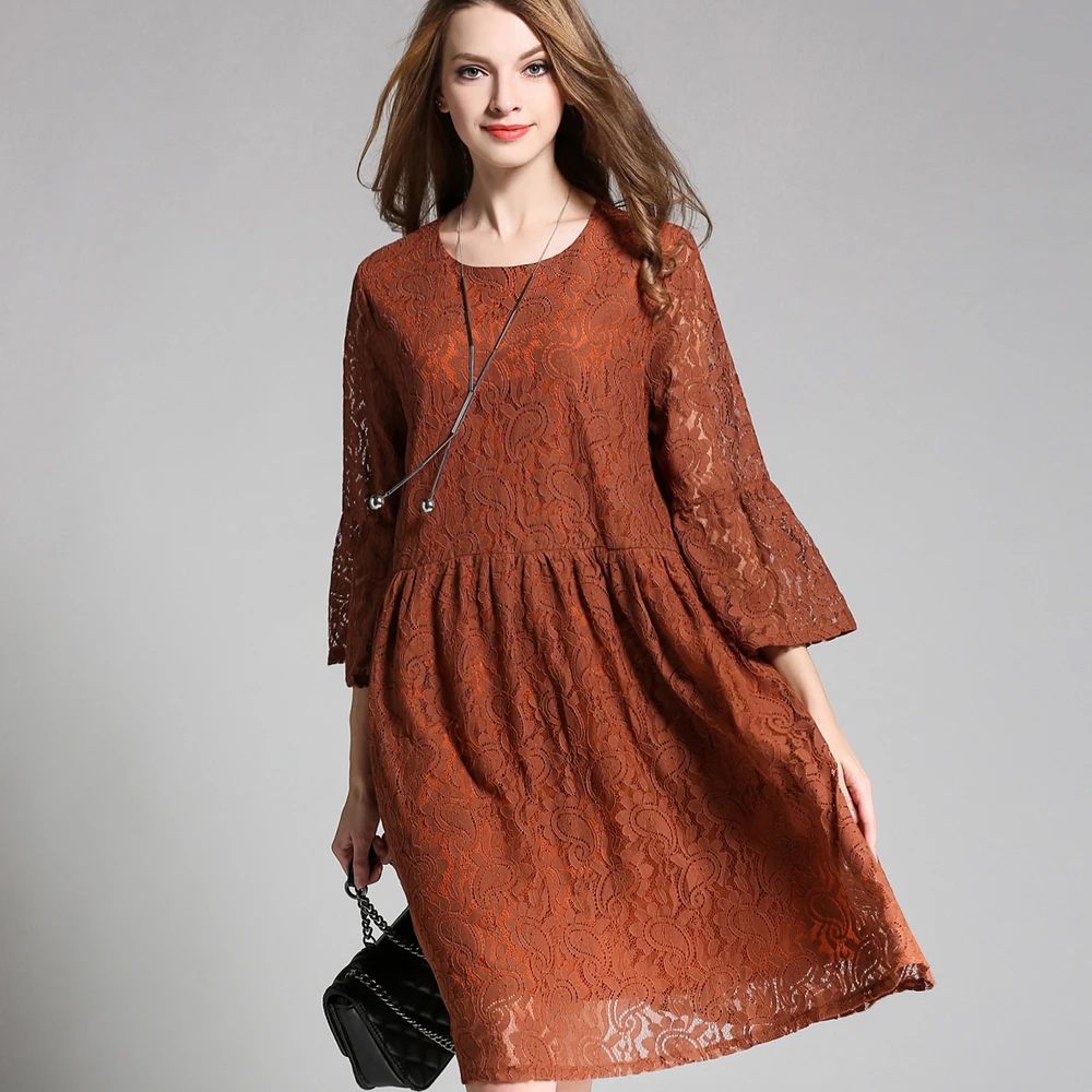 Женское кружевное платье с круглым вырезом рукавом 3/4|womens clothing|lace dressdress oversize |