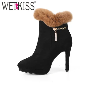 

2018 Fashion Rabbit Fur Ladies Shoes High Heels Ankle Boots Side Zipper Platform Winter Boots for Women Shoes Fur Party Footwear