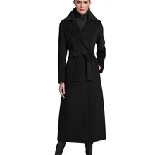 Новинка года. Осенне-зимнее женское черное шерстяное длинное пальто с отворотом. Приталенное пальто с поясом. Женское пальто Casacos femininos S-XL