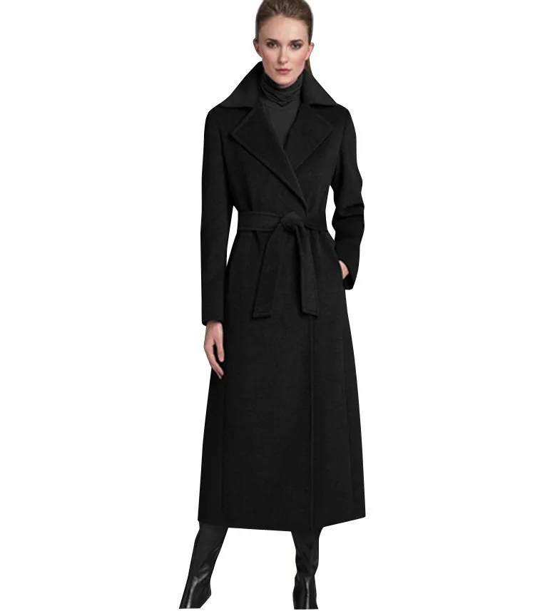 

Brand New UK 2018 Fall / Winter Women Notched Lapel Black Woolen Maxi Long Coat Slim Belt Robe Overcoat Casacos femininos S-XL