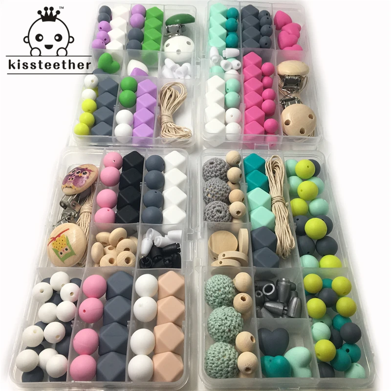 

4 Boxes Baby Teether Toys Silicone Teething Pacifier Clip Kit Geometric Hexagon Silicone Teething Beads DIY Nursing Necklack
