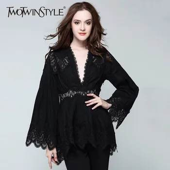 

TWOTWINSTYLE Lace Hollow Blouse Female V Neck Flare Sleeve Tunic High Waist Long Irregular Shirt 2020 Spring Fashion Sexy Tops