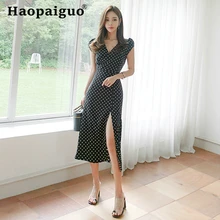 Plus Size Print Dot OL Office Work Dress Women V-neck Sleeveless High Split Midi Black Dress Women Wrap Bodycon Vintage Dresses ol style plunging neck sleeveless hit color bodycon women s dress