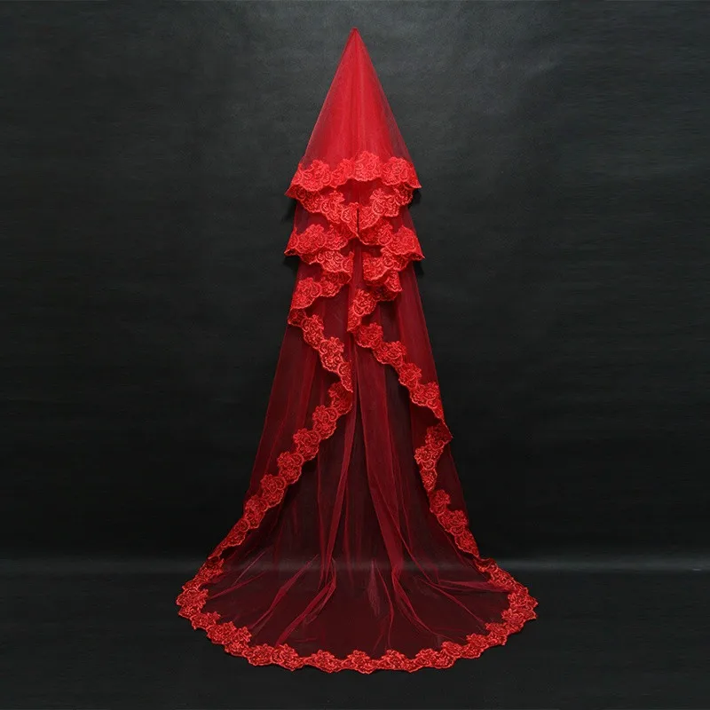 

Retro Red Cathedral Long Lace Wedding Veil 2019 Tulle with Appliques Bridal Veil