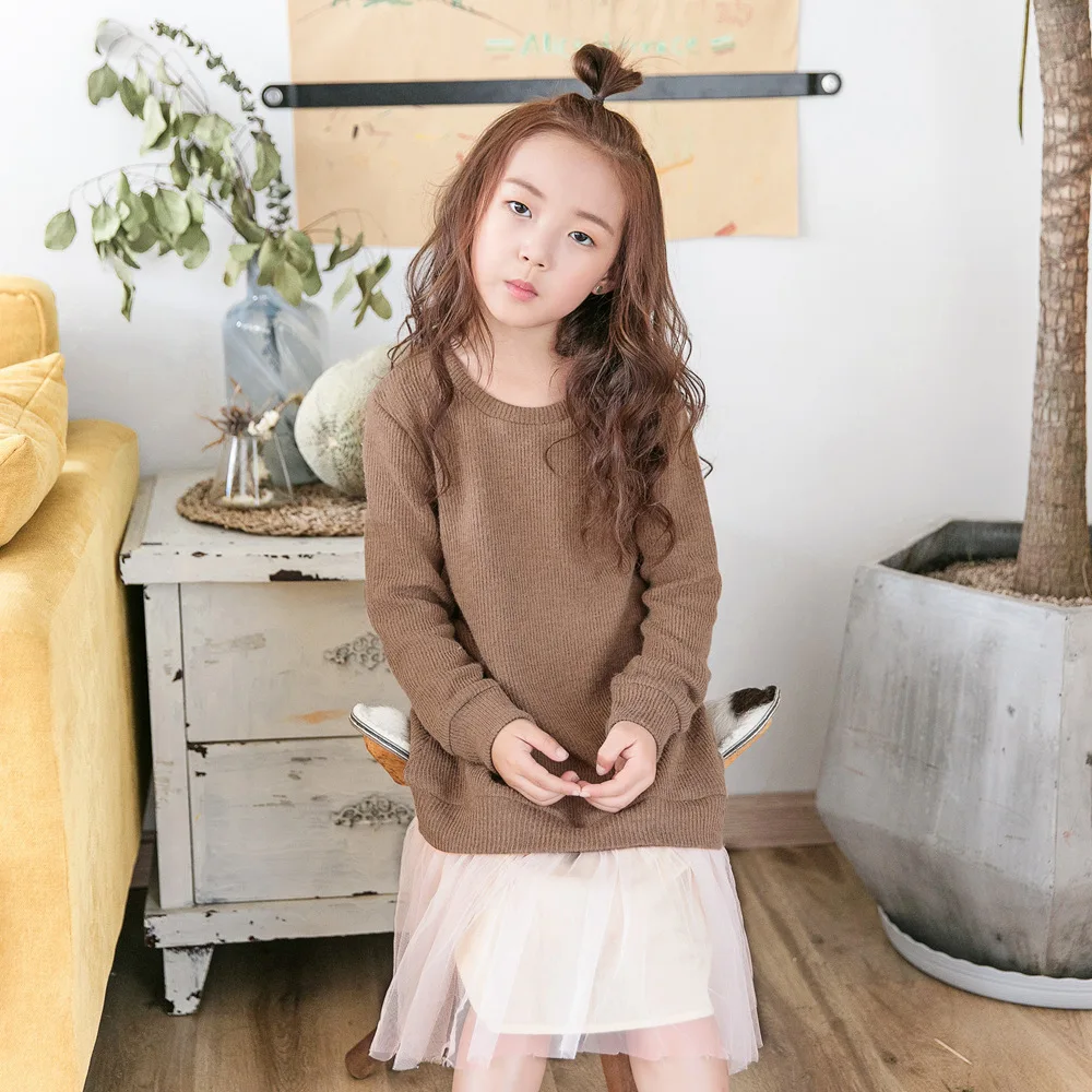 

Elegant Dress for Girls Brown Knee-length A-line Dresses Solid Brief Children Clothing Thicken Warm Knitting Dress for Girls
