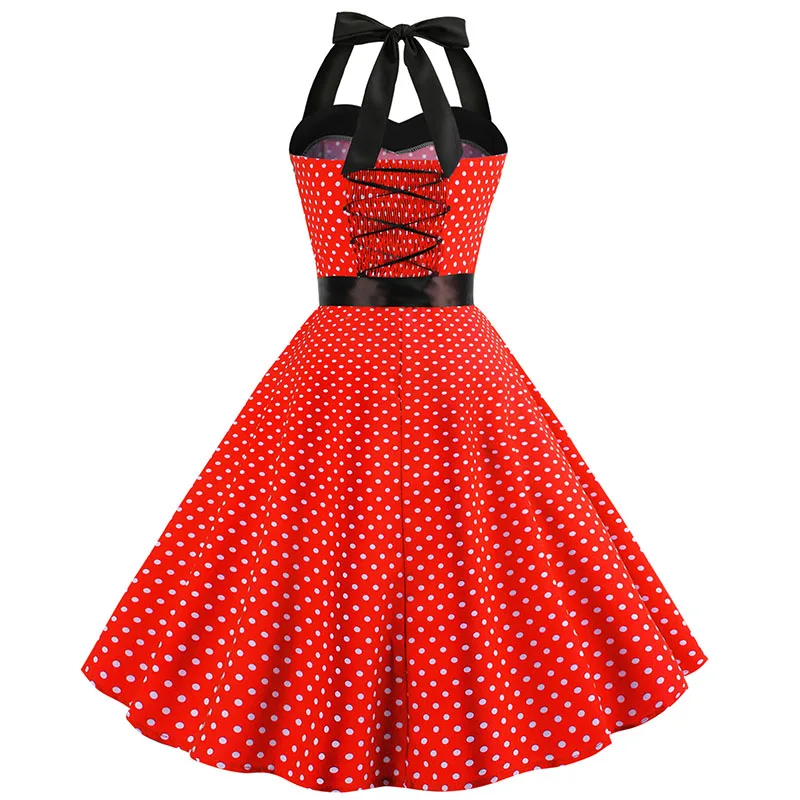 Sexy Retro Red Polka Dot Dress Audrey Hepburn Vintage Halter Dress 50s 60s Gothic Pin Up Rockabilly Dress Plus Size Robe