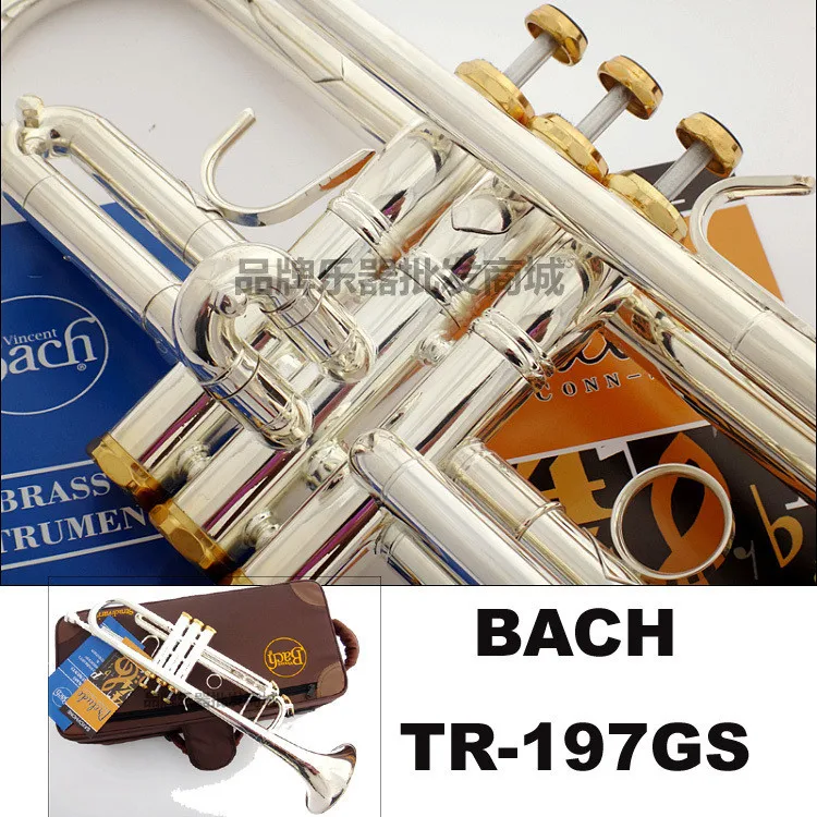 

Free Shipping Bach Trumpet TR-197GS Plate silver pipe body Gold-plated Key Carved Trumpet Drop bB adjustable Trumpet instrument