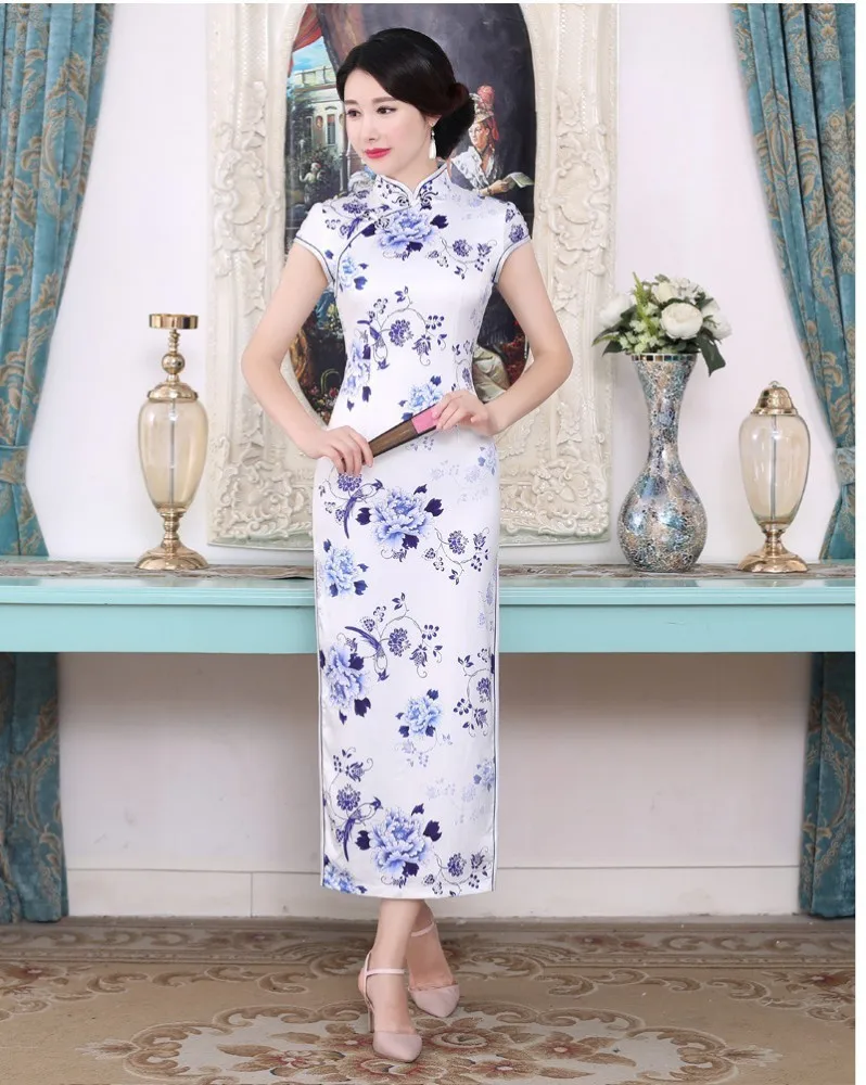 Шэн Коко Восточный халат Chinois Qipao платья для женщин сливы филиал шаблон печати Cheongsam Элегантные Длинные атласное платье плюс размеры