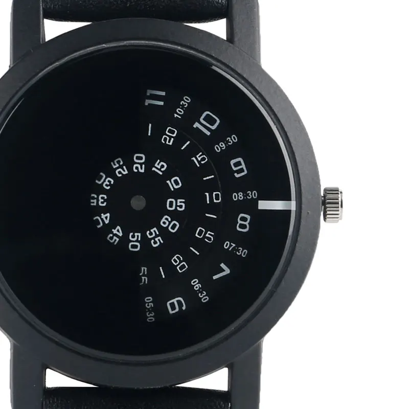 

New Brief Special Design Turntable Dial Men Casual Stylish Cool Quartz Wrist Watch Women Trendy Black/White Leather Strap Gift