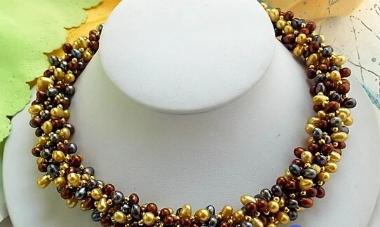 

huij 004517 6ROW 17" 7MM GOLD COFFEE BLACK RICE FW PEARL NECKLACE