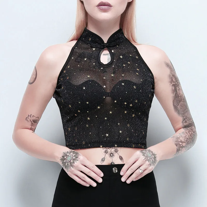 Black Slim Vintage Qipao Neck Star Print Mesh Hollow Out Tank Top Summer Streetwear Sexy Bustier Fashion Female Crop Tops