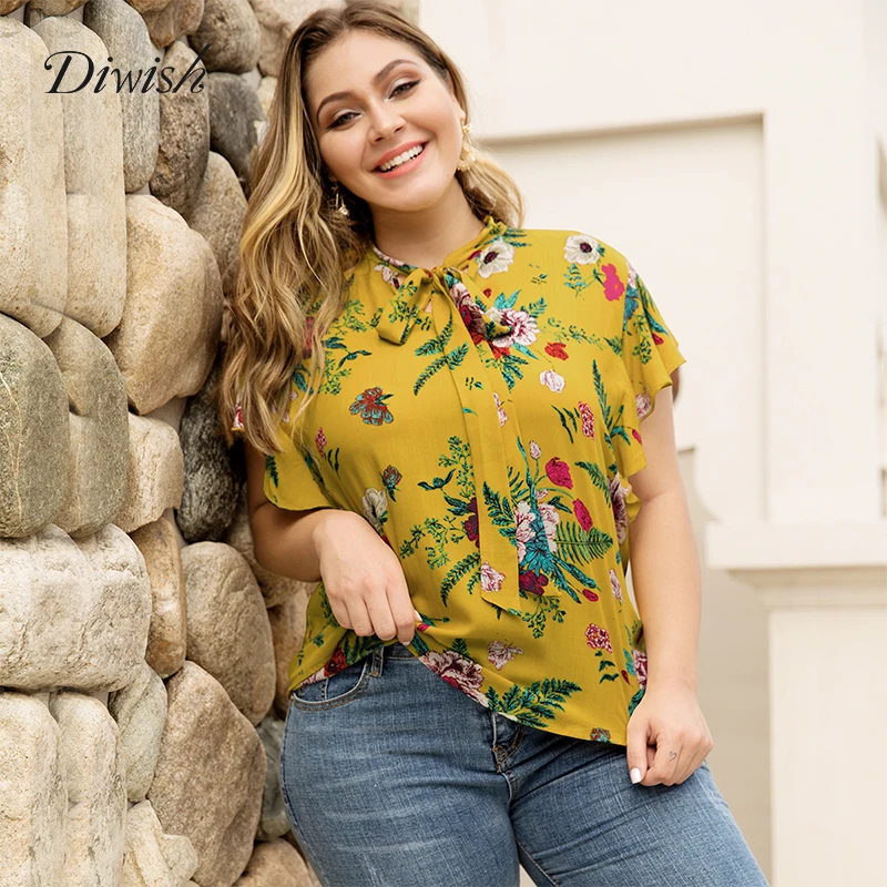 Diwish Mujer blusa verano 2019 manga corta Sexy volantes de proa amarilla de talla grande playa de mujer XL-4XL - AliExpress Ropa de mujer