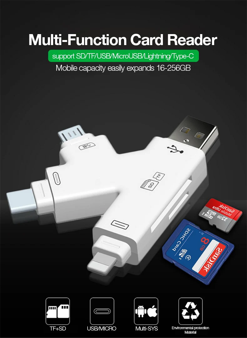 UTHAI C30 USBC Lightning мультикардридер 4в1 type-c/Lightning/MicroUSB/USB адаптер для iPhone 7 8 X Plus TF/SD кардридер