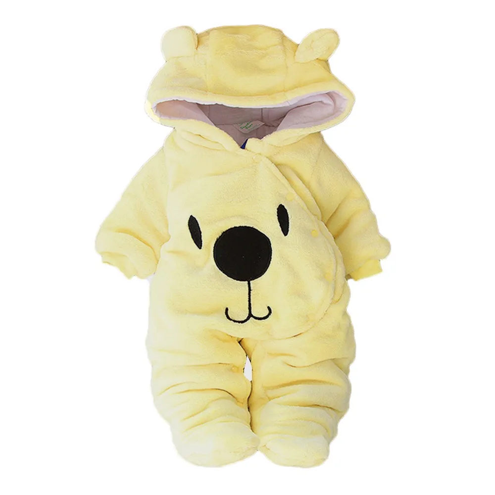 Милый зимний комбинезон для новорожденных девочек и мальчиков, одежда для малышей, однотонный бархатный комбинезон с капюшоном и медведем, комбинезон с капюшоном, одежда - Цвет: Yellow