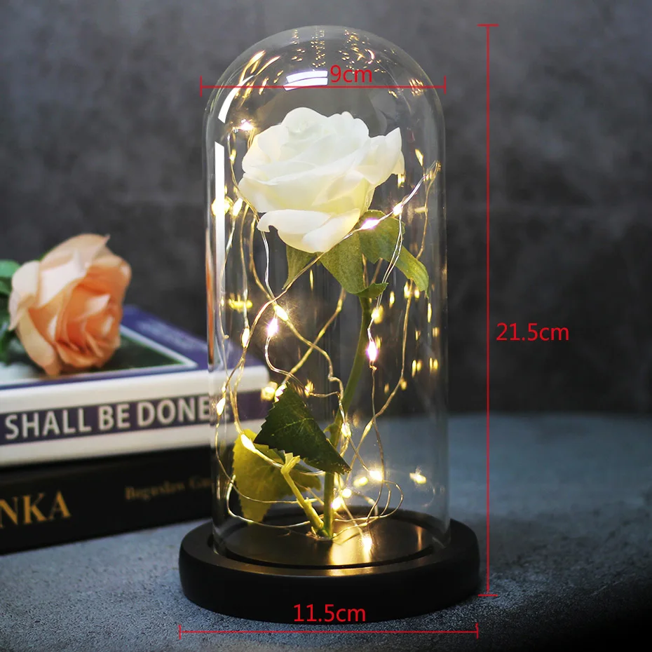 Украшение красота и чудовище вечный цветок Роза в колбе с светодиодный светильник в стеклянном куполе для свадьбы Рождественский подарок