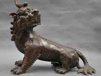 

12" China Fengshui Foo Dog Unicorn Dragon Bronze Statue