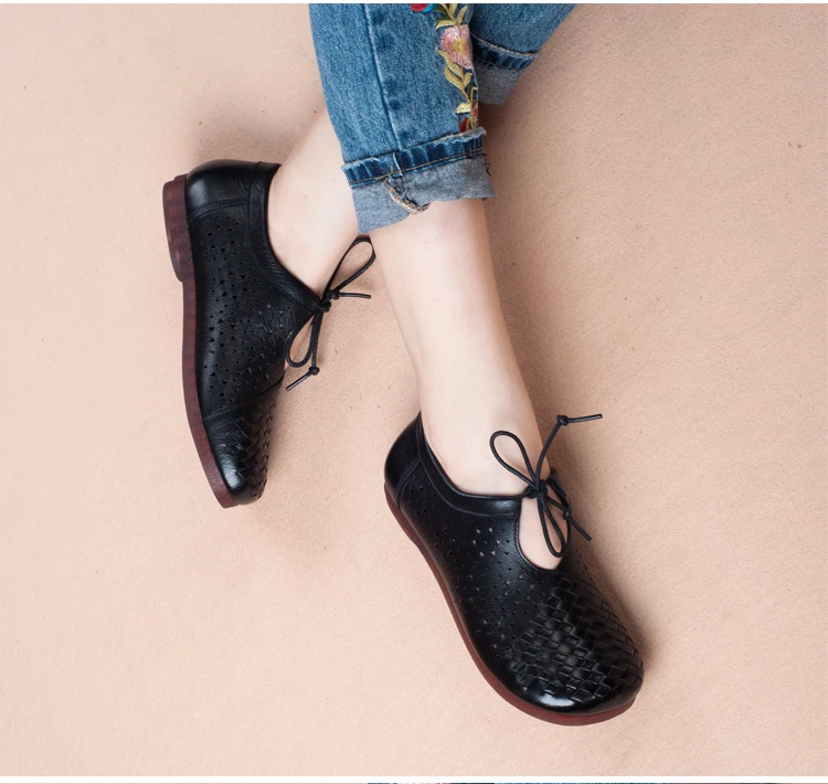 Women Flats 2018 Summer Retro Handmade Breathable Flat Cow Leather Hole Shoes Comfortable Female Sandals Lace Up Vintage Shoes (6)