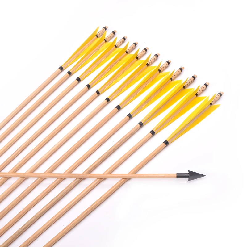 12pcs 31"/33" Hunting arrows Wooden Arrows with 5" Yellow England Turkey Feathers &Broadhead for