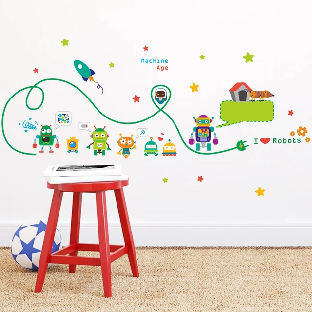 Us 1 89 5 Off Cute Robots Machine Age Wall Art Stickers Kids Room Nursery Indoor Decor Adesivos De Parede Diy Removeable Decals Decorations In Cute Robots Machine Age Wall Art Stickers Kids Room Nursery Indoor Decor Adesivos De Parede Diy