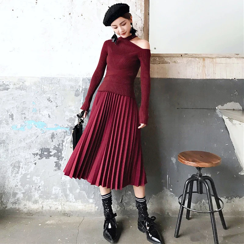 Hoge Kwaliteit Vrouwen Midi Geplooide Jurk Nep 2 stuk Jurk Knit Top EEN Lijn Rok Chic Off-de- schouderbanden Splice Trui Jurk Hoge Kwaliteit Vrouwen Midi Geplooide Jurk Nep 2 stuk Jurk Knit Top EEN Lijn Rok Chic Off-de- schouderbanden Splice Trui Jurk