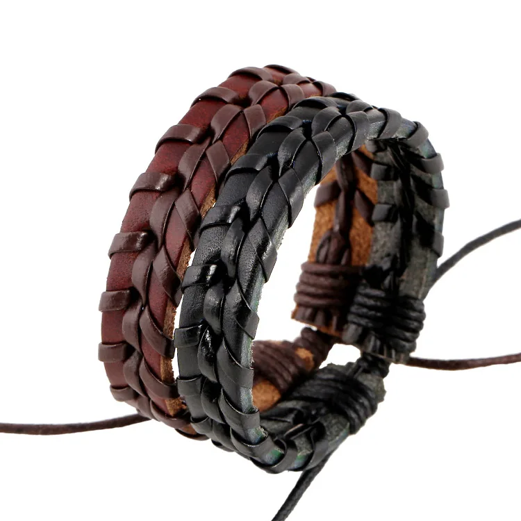 Fashion Men Male Braided Black Leather Bracelets Vintage Adjustable Rope Clasp Knitted Leather