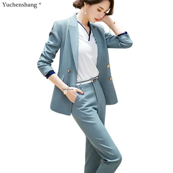 

Fashion Women blue camel pant suit long sleeve double breasted blazer suits office lady business work wear 2 piece sets