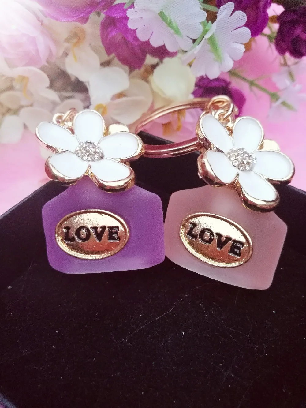 

Min.15$ mix order crystal glass pink perfume flower keychain Pendant Charms Rhinestones cell phone case DIY Alloy Decoration