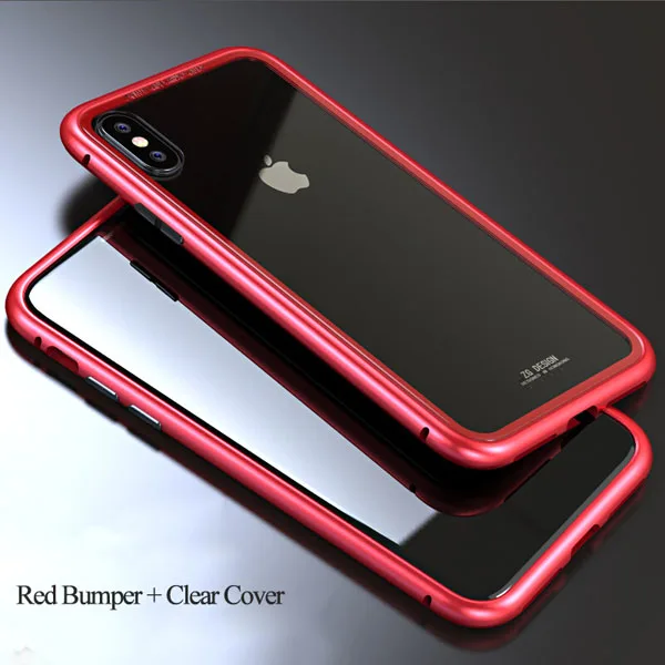 Магнитный адсорбционный металлический стеклянный чехол магнето для iPhone X 6 6S 7 8 Plus XS XR XS MAX бампер алюминиевый чехол s для iPhone X 7 8 Plus - Цвет: Red and Clear