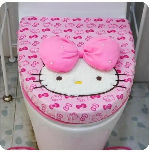 KAWAII рисунок «Hello Kitty» розовый Ванная комната санитарно сиденье, туалет коврик, Чехол для сидения+ коврик на полу+ стульчак х/б чехлом 3 шт./компл