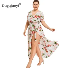 Fat mm new summer dress women plus size XL-5XL sexy deep V printed slit women dress oversize Asymmetrical sashes dress