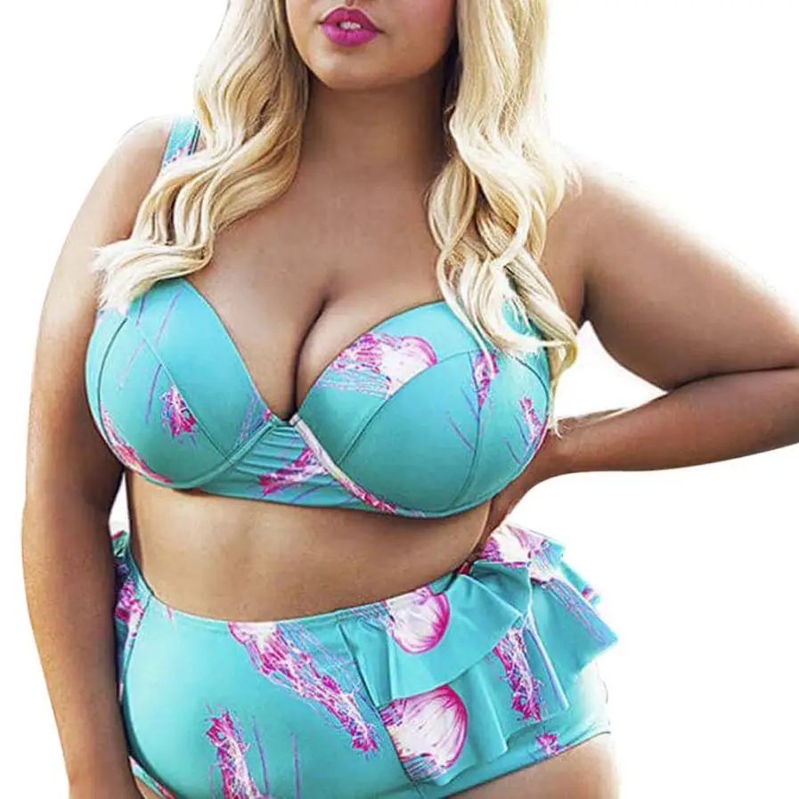 

High waist Women bikini Set 2018 new plus size Large Size Bra push up Swimsuit Bathing Sexy Printing Bikini Set Swimwear p#