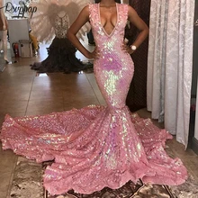 Long Prom Dresses Sparkly V-neck Sexy Mermaid Party Bling Bling African Black Girl Pink Prom Dress Long Train