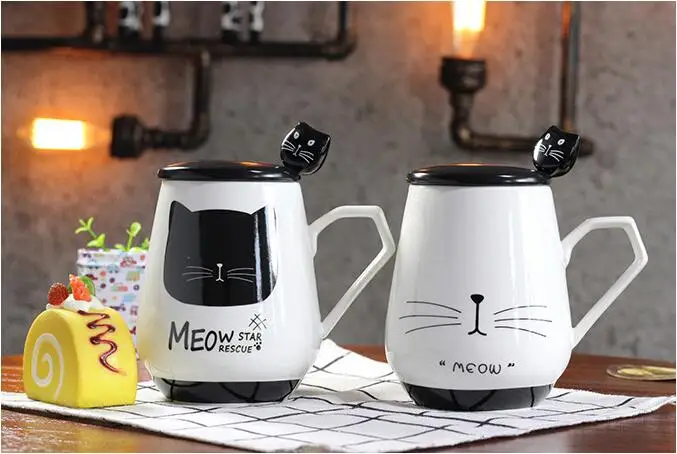 Кошка керамическая чашка с крышкой с ложкой Кружка Мультфильм Креативный кофе для завтрака молоко чашка для воды и чая офисные принадлежности пара