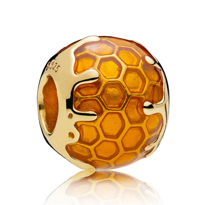 

New 925 Sterling Silver Bead Charm Gold Color Yellow Enamel Shine Golden Honey Beads Fit Pandora Bracelet Bangle Diy Jewelry