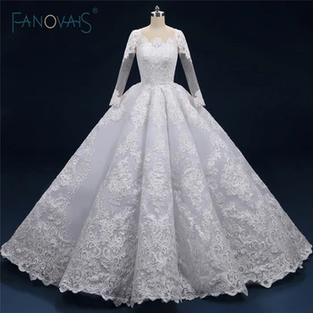 شراءفستان زفاف فاخر 2019 كم طويل الأميرة الكرة ثوب الزفاف الدانتيل مطرز أبيض/عاجي Vestido De Novia NW37