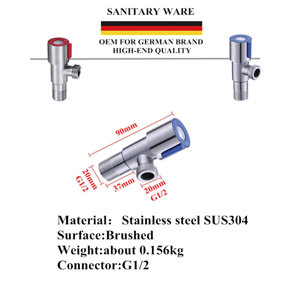 2 шт. G1/2 Угловой запорный кран 304 из нержавеющей стали для ванной, кухонных смесителей, унитаза, раковины, унитаза