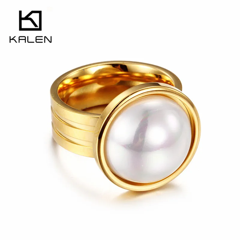 Kalen Dubai Gold Color Stainless Steel Rings Simulated-Pearl Classic Lovely Princess High-end Lady Women Wedding Rings Accessory