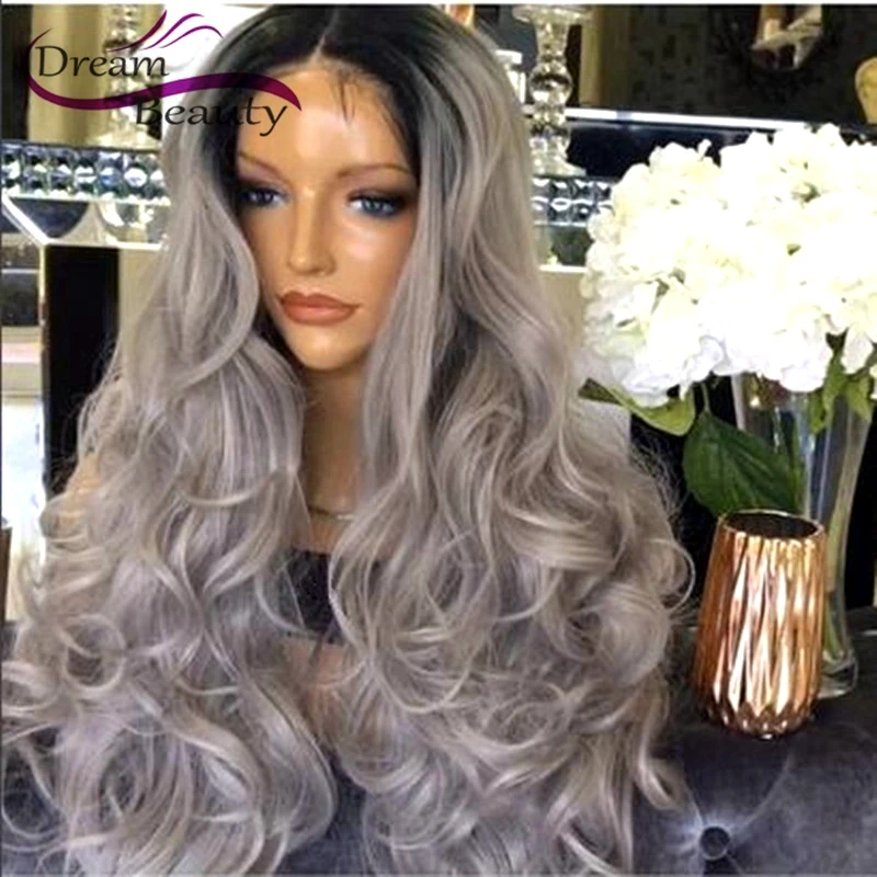 T1b/grey Two Tone Ombre Wigs Wavy Dark Roots Silver Grey Full Lace Wigs
