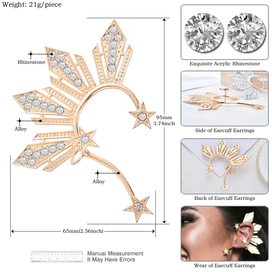 Золотые серьги-клипсы с кристаллами и звездами для женщин, аксессуары, милые гипербола, стразы, звезды, большие серьги-манжеты, модные ювелирные изделия