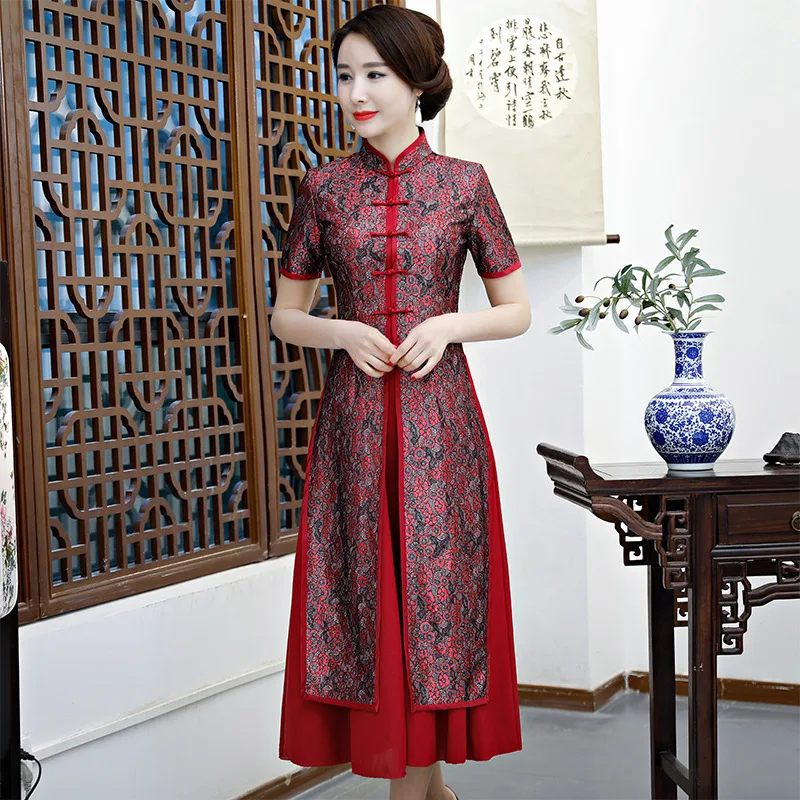 

2018 New Lace Embroidered Cheongsam 2 PCS /set Red Chinese Traditional Wedding Dress Parent Ancient Long Qipao Dresses 90
