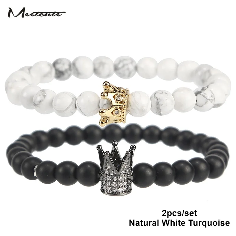 

Meetcute 2pcs/set New Couple Natural Stone Black Beads Bracelet Charm Crown 8mm White Bracelets For Women Pulseras Hombre