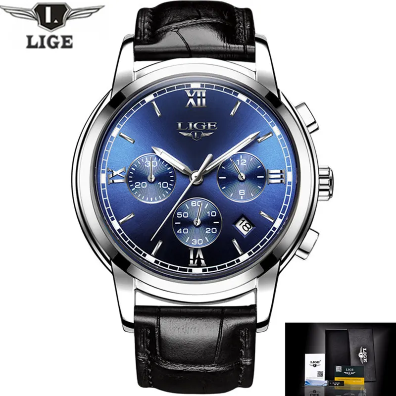 

LIGE 2017 new men's watches Male quartz watch men real three dial luminous waterproof 30M outdoor sports Leather watch Man Clock