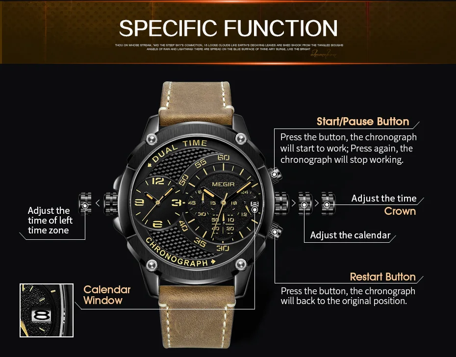 Хронограф megir спортивные кварцевые часы для мужчин Dual Time Zone для мужчин наручные часы Творческий Кожа армии Военная Униформа наручные